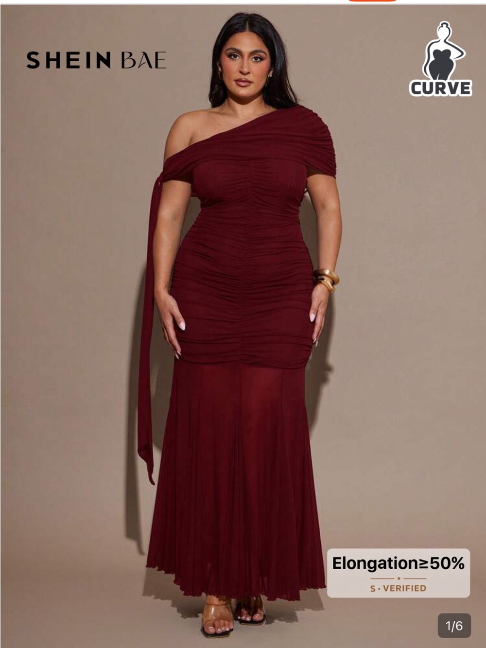 SHEIN Curve Women's One-Shoulder Ruched Burgundy Maxi Dress sz 14